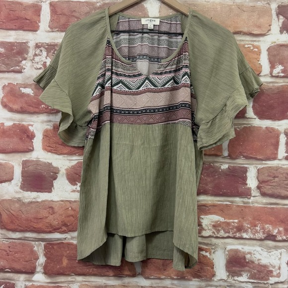 Umgee Tops - Umgee Tunic Top Women's Small Green Boho Abstract Crinkle Casual High Low Shirt